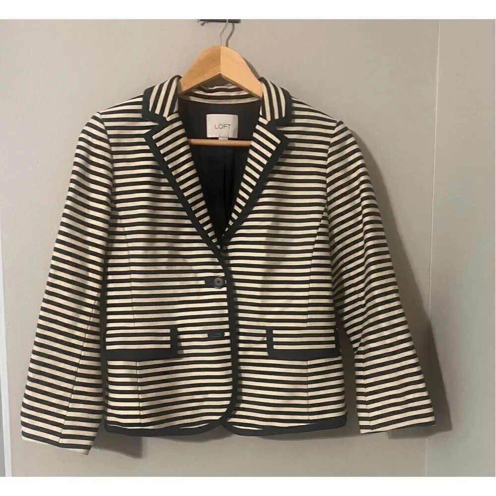 Loft Size 4 Double Button Stripe Corded Blazer Jacket Navy Cream Nautical Preppy